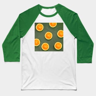 Oranges slices pattern background, fresh fruits on green background Baseball T-Shirt